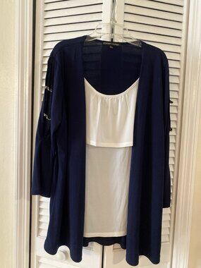 Always INDIGO XL Pullover Blue White Blouse Long Open Sleeves Scoop Layered